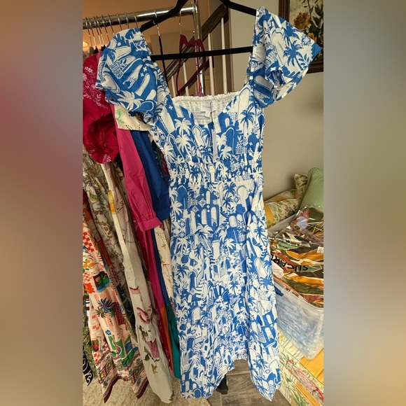 SugarLips Nala Tiered Smocked Maxi Dress Blue White Print - Picture 7 of 8